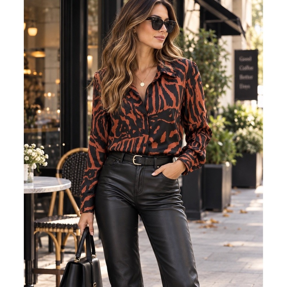 Brave Soul London Animal Print Button Up Shirt Women's S Rust Black Long Sleeve